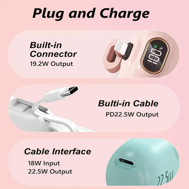 Pocket-Sized 5000mAh Charger, 22.5W Fast Charge, Type-C & USB-A, Digital Power Indicator, Lightweight Design, Compatible with iPhone 11–17